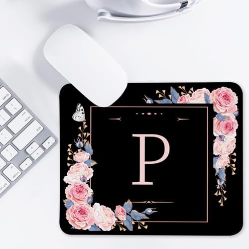 Letter P Black and Pink Flowers Square Mouse Pad, Mouse Pad with Stitched Edge and Non-Slip Rubber Base,Mouse Mat,Home Office Decor Desk Accessories,9.4x7.8x0.12 inch Square Mouse Pad - Image 7