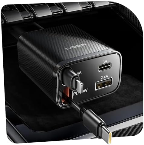 LISEN Retractable Car Charger, 84W Car Charger USB C Fast Charger Adapter, Car Accessories for Men Women, Gifts for Fathers Day for Men Dad Husband, for iPhone 17 16 15 14 13 12 Pro Max, Carbon-Black by Lisen