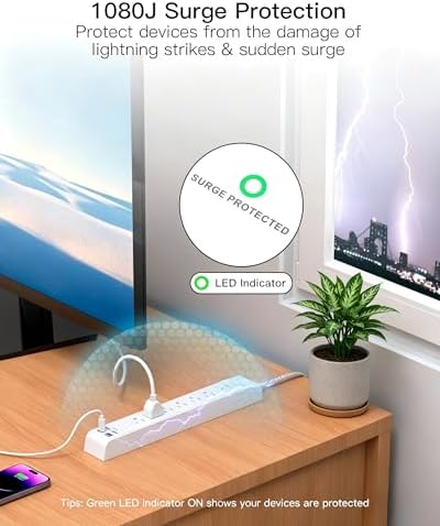 Flat Plug Extension Cord, Surge Protector Power Strip 15FT, 10-in-1 with 6 AC Outlets 4 USB Ports(2 USB-C), Extension Cord with Multiple Outlets, Wall Mountable, 1080J Surge Protection, White - Image 4