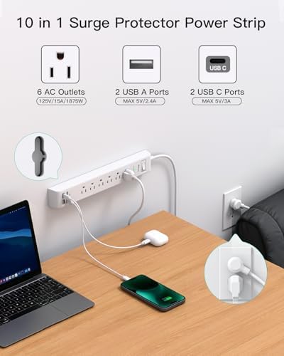 2 Pack Power Strip, 5FT Extension Cord, Surge Protector with 6 Outlets and 4 USB Ports (2 USB C), Flat Plug Overload Protection, Extension Cord with Multiple Outlets, Wall Mount for Home Dorm College - Image 2