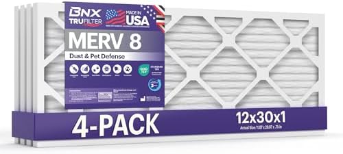 BNX TruFilter 12x30x1 Air Filter MERV 8 (4-Pack) - MADE IN USA – Dust & Pet Defense Electrostatic Pleated Air Conditioner HVAC AC Furnace Filters for Dust, Pet, Mold, Pollen MPR 600 – 700 & FPR 5 by BNX