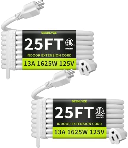 25 FT 2 Pack Extension Cord Indoor, 16 Gauge 3 Prong Power Cord by Seeklyze