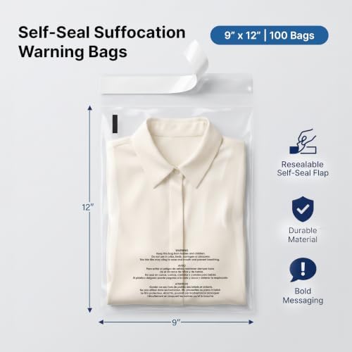 9” X 12” (100 Count) Self Seal Clear Poly Bags with Suffocation Warning - Image 2
