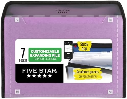 Five Star Expanding File Organizer + Study App, 7-Pocket Accordian File Organizer, Zipper Closure, Holds 8-1/2" x 11" Paper, Amethyst Purple (350099G-ECM) by FiveStar