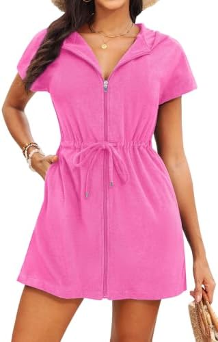 Womens Terry Cloth Cover Up Hooded Swim Cover with Zipper and Pocket by Yonique