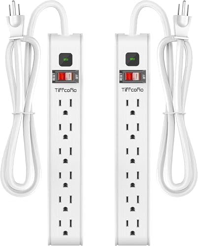 TiFFCOFiO Surge Protector Power Strip, 6 Feet Extension Cord, 600 Joules Surge Protection, Multiple Protection 6 Outlet Strip, 14 AWG Cord, 15A/1875W, ETL Listed, 2 Packs by TiFFCOFiO