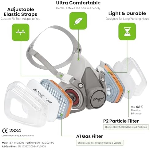 AirGearPro G-500 Reusable Respirator Mask with A1P2 Filters | Anti-Dust Mask Ideal for Painting, Woodworking, Construction, Sanding, Spraying, Chemicals, DIY etc - Image 2