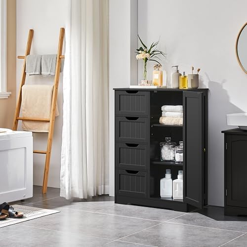 Yaheetech Bathroom Storage Cabinet with 4 Beadboard Drawers and Door, Black - Image 2