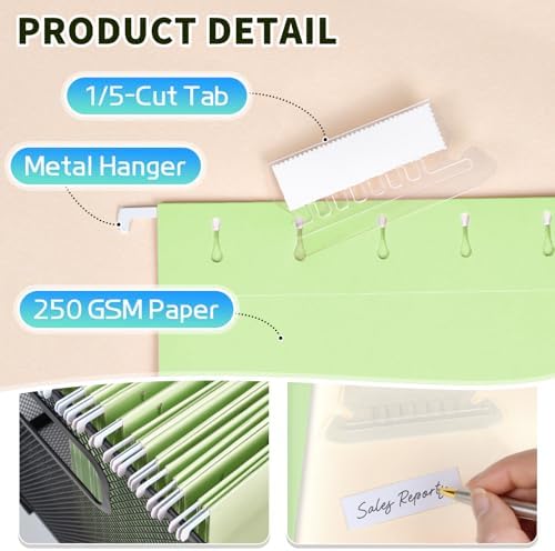 25-Pack Green Hanging File Folders, Letter Size (8.5" x 11") with 1/5-Cut Tabs,Includes 35 Transparent Label Cards & 50 Sticker Labels for Home & Office Organization - Image 2