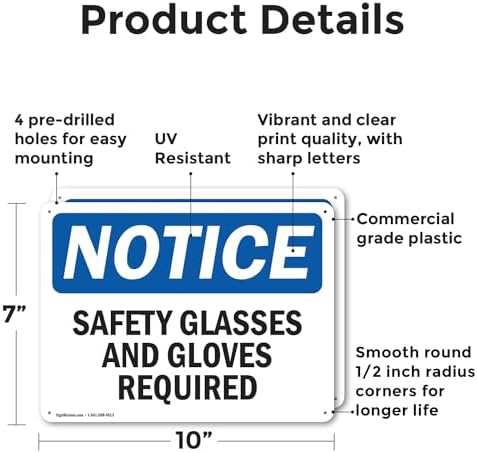 (2 Pack) Safety Glasses And Gloves Required OSHA Notice Sign 10 Inch X 7 Inch Plastic Sign, Weather Resistant, UV Protected for Workplace, Business, and Construction Site, Made in the USA - Image 2