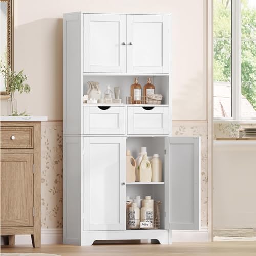 Iwell Tall Storage Cabinet with Adjustable Shelf & 2 Drawers, Kitchen Pantry Cabinet, Pantry Cabinets with 4 Doors, Tall Cabinets for Living Room, Kitchen, Bathroom, White - Image 2