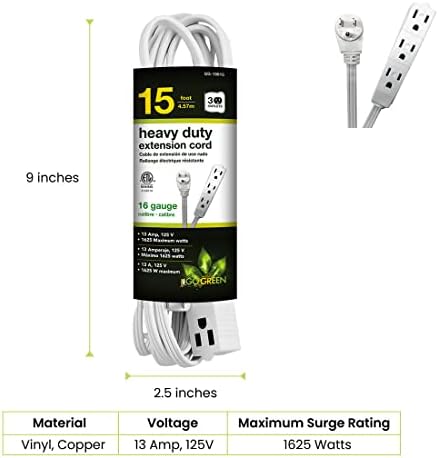 Go Green Power Inc. 15ft Extension Cord with 3 Outlets, White - Compact, Flush-Fit Design, Heavy Duty, Grounded Plug - Ideal for Home & Small Appliances - GG-19615 - Image 2