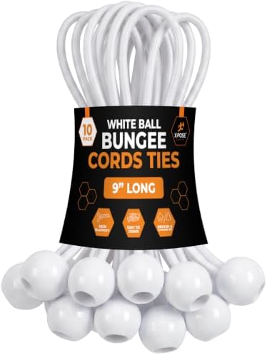 Xpose Safety Bungee Ball Cords 9" 10 Pack Heavy Duty White Stretch Rope with Ball Ties for Canopies, Tarps, Walls, Cable Organization by XposeSafety