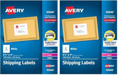 Avery Printable Shipping Labels with Sure Feed, 3-1/3" x 4", White, 1,500 Blank Mailing Labels (95940) (Pack of 2) by Avery