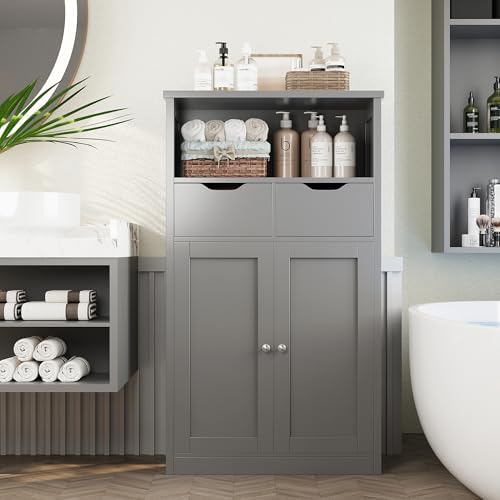 Shintenchi Floor Storage Cabinet, Bathroom Storage Organizer with Doors and Drawers, Freestanding Side Cupboard Pantry with Adjustable Shelf for Bathroom/Kitchen/Livingroom, Gray - Image 2