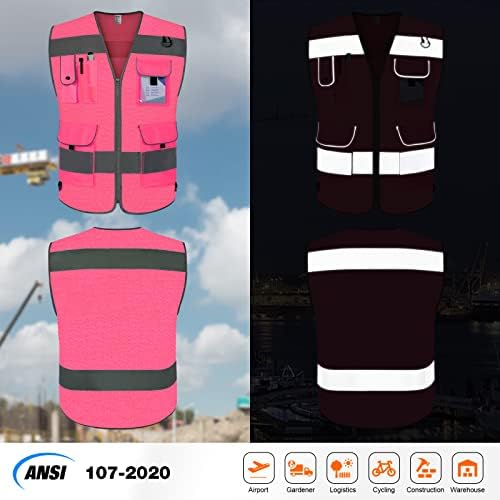 TCCFCCT Mesh High Visibility Vest 9 Pockets Safety Vest for Men, Pink XL - Image 2