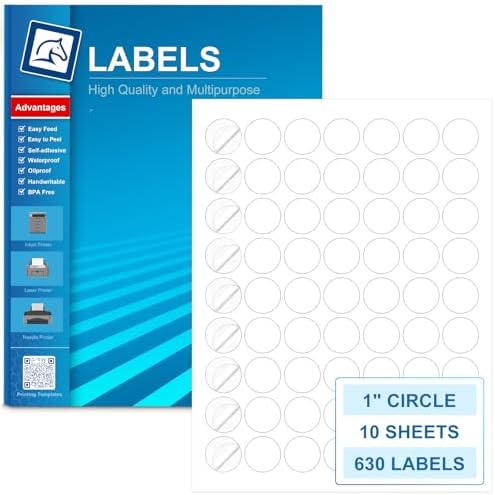 Circle Labels, 1" Round Sticker Labels for Laser&Inkjet Printers,10 Sheets, 630 Total Adhesive Labels for Price Tags, Thank You Stickers, Bottle & jar Labels, Business Logos, Pony Packaging HB-C063 by PonyPackaging