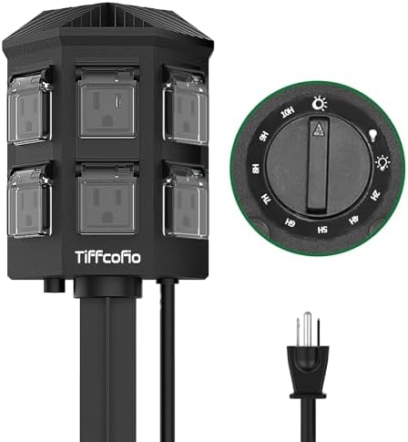 TiFFCOFiO Outdoor Power Strip Timer, Dusk to Dawn Light Sensor Countdown, 6 Feet Extension Cord Waterproof, 6 Grounded Outlets for Halloween and Christmas Decorations, ETL Listed (6 FT) by TiFFCOFiO