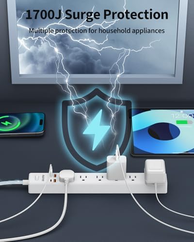 6 Ft Flat Plug Extension Cord Power Strip, 7 AC Outlets 4 USB(2C), 2 Pack - Image 6