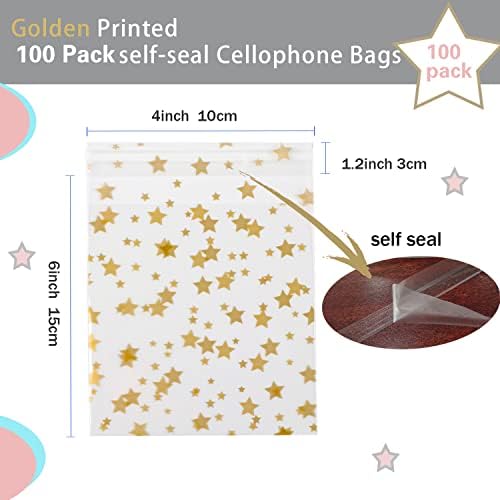 COQOFA 100 Pcs Star Printed Sealable Gift Wrap Cello Cellophane Bags Self sealing Adhensive Treat Bags Party Favor bags (4x6inch, Gold)… - Image 2