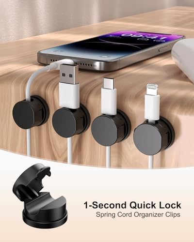 OneLeaf 12 Pack 360° Rotatable Spring Cable Clips[1s Lock], Adhesive Cord Holder for Nightstand, Phone Charger Cord Holder for Desk Home Office Car Game Station - Image 2