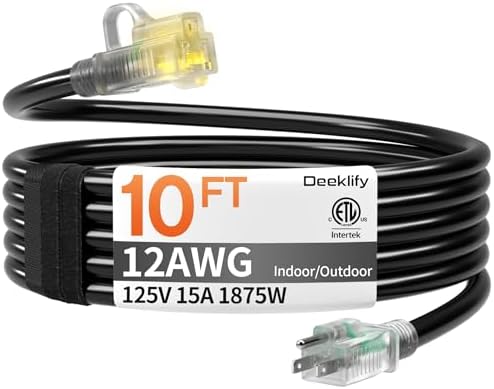 12 Gauge 10 FT Heavy Duty Outdoor Extension Cord Waterproof Black by Deeklify