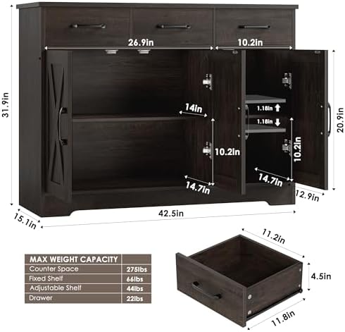 HOSTACK Kitchen Buffet Cabinet with Storage, Sideboard Coffee Bar, Brown - Image 3