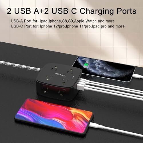 Surge Protector Power Strip - YISHU 8 Outlets with 4 USB (2 USB C) Charging Ports, 6Ft Braided Extension Cord, Flat Plug Multi Plug Outlet Extender Charging Station for Home Office, ETL, Black - Image 3
