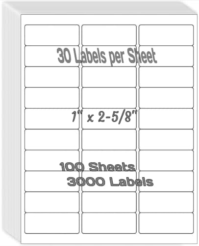 1" x 2-5/8" Shipping Address Labels 3000 Label Stickers Paper for Laser/Inkjet Printer 30 per Page Printable Mailing Labels - Matte, 100 Sheets by Unknown