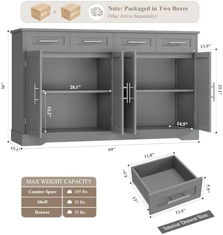 HOSTACK 60" W Sideboard Buffet Cabinet with Storage, Kitchen Cabinet, Gray - Image 2