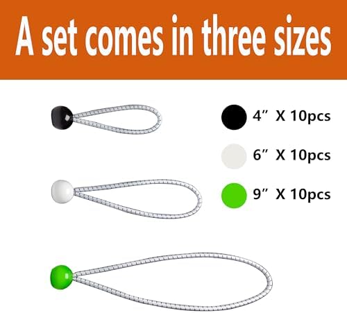 30-Piece Ball Bungee Cords, A Bungee Cord with a Ball Comes in Three Sizes: 4 "6" 9", UV Resistant, Antioxidant, Secure Tie Down. (30, Black, White, Green) - Image 2