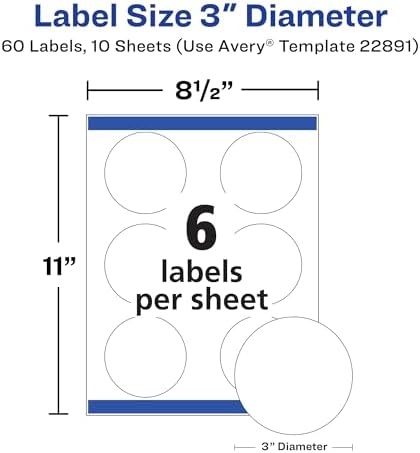 Avery Glossy White Labels, Sure Feed Technology, 3" Round Labels, Print-to-The-Edge, Laser/Inkjet, 60 Count (22891) (Pack of 5) - Image 7