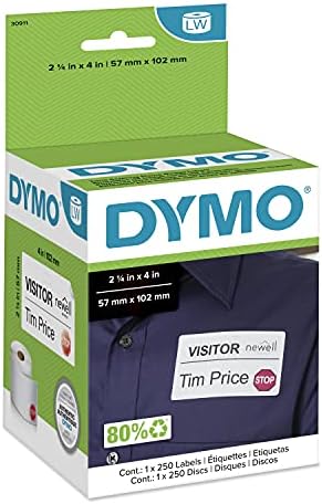 DYMO Authentic LW Name Badge Labels, 12-Hour Expiration Notification Disks, White, 2-1/4" x 4", 1 Roll of 250 - for LabelWriter Label Printers by Dymo%C2%AE