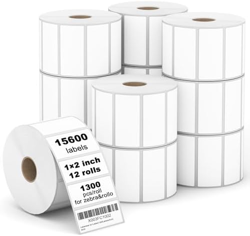 【15600 Labels/12 Rolls】 3-Proof 1" Core Labelebal 2" x 1" Direct Thermal Label (51mm x 25mm) Multipurpose Shipping Address Barcodes Labels Compatible for Zebra & Rollo Desktop Label Printer by Labelebal