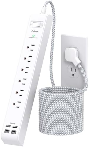 Surge Protector Power Strip 5FT, 10-in-1 with 6 AC Outlets 4 USB Ports(2 USB-C), Ultra Flat Plug Braided Extension Cord, Wall Mountable, 1080J Surge Protection, ETL Listed, White by Mifaso