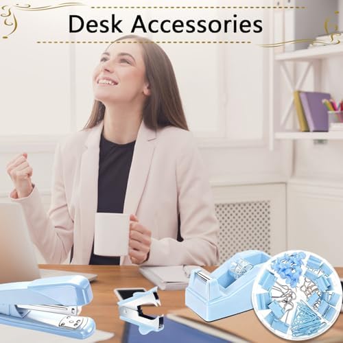 Office Supplies,Blue Desk Accessories,Stapler and Tape Dispenser Set with Stapler,Tape Dispenser,Staple Remover,Staples,Clips,Scissors and Tabs,Gift for Student,Teacher,Coworkers,Business,Gift 9pcs - Image 7
