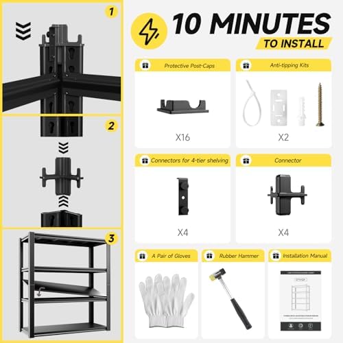 4-Tier 40" W x 20" D x 60" H Garage Shelving Garage Storage Shelves 2200LBS Metal Industrial Shelf Adjustable Heavy Duty Shelving Storage Rack Shelving Unit (Black) - Image 4