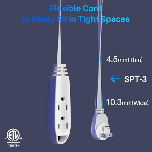 3-Outlet Flat Extension Cord 20 FT, 3 Prong Angled Plug, SPT-3, Power Strip - Image 2