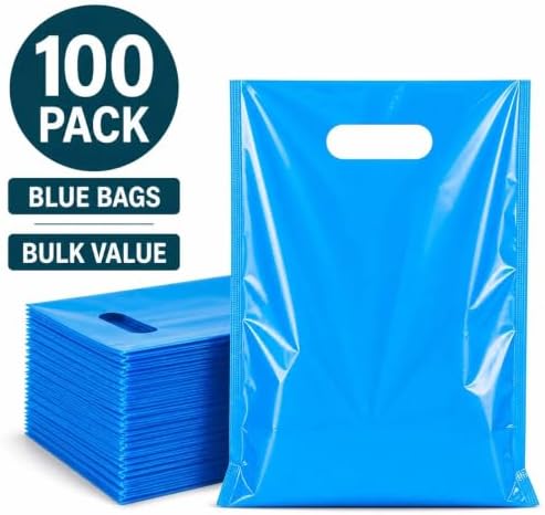 ysmile Medium Blue Plastic Bag Shopping for Small Business Boutique with Handle Store Retail Die Cut Poly Bag Goodie 100 ct 7.8"x11.8" Extra Thick 2.5 Mil - Image 5