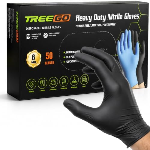 TREEGO Black Nitrile Disposable Gloves, X-Large, 6 Mil, 50 Count by Treego