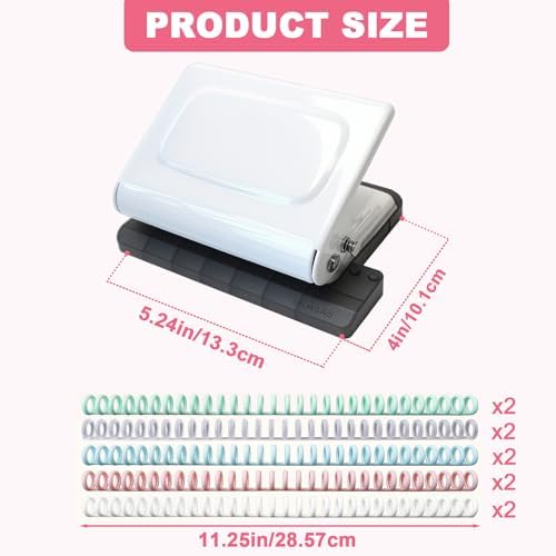 10 Hole Punch Binding Machine for Planner, Manual Binding System with 10 Multi-Color Binder Rings for Making 26 Holes on B5, 30 Holes on A4, 20 Holes on A5 Book, 10 Sheet Capacity - White - Image 2
