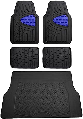 FH Group Premium Liners Tall Channel Trimmable All Weather Rubber Full Set Car Floor Mats (Blue) w. Trimmable All-Season Cargo Liner (Black) - Universal Fit for Cars Trucks and SUVs by FHGroup
