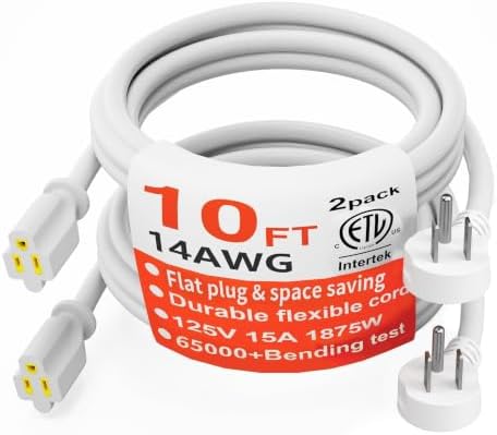 HUANCHAIN 14AWG 10FT 2Pack White Flat Plug Extension Cord, Indoor by huanchain