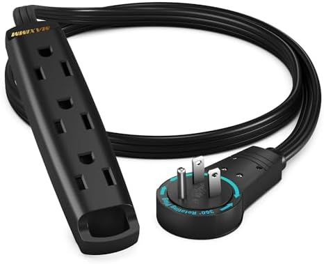 Maximm 1 Ft 360 Rotating Flat Plug Extension Cord, 3-Outlet, Black, UL by MaximmCable