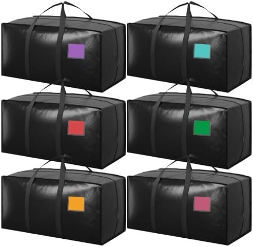 6 Pack Moving Bags with Full-Open Side Zipper, Extra Large 93L Heavy Duty Waterproof Foldable Storage Totes for College Dorm, Moving & Home Organization Black by RMOHRO