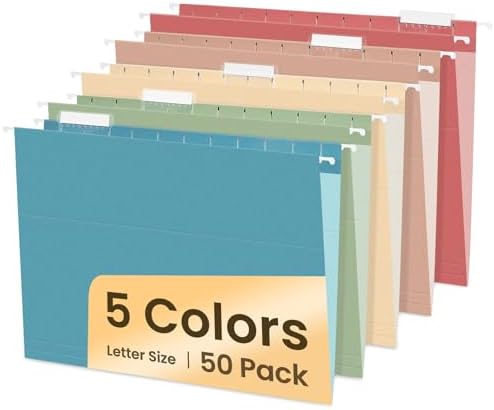 SUNEE Hanging File Folders, 50 Pack Letter Size Hanging File Folders with 1/5-cut Tabs, Stay Organized for Your Home and Office Bulk File, Documents and Paper,5 Retro Colors by SUNEE