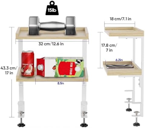 Clamp On Desk Shelf 2-Tier, 12.6 inch Wood Shelving Unit for Office Desk/Gaming Accessories, Tabletop Book Storage Rack, Shelf for Top & Under of Desk, Natural - Image 3
