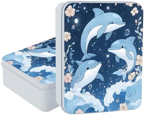 Small Metal Tins Box-4.7" x3.5"x1.6" Rectangular Empty Storage Box With Lid Decorative Organizer Storage Tin Case For Office/Cookie/Candy/Jewelry/Photo/Letter-Floral Dolphin by Unknown