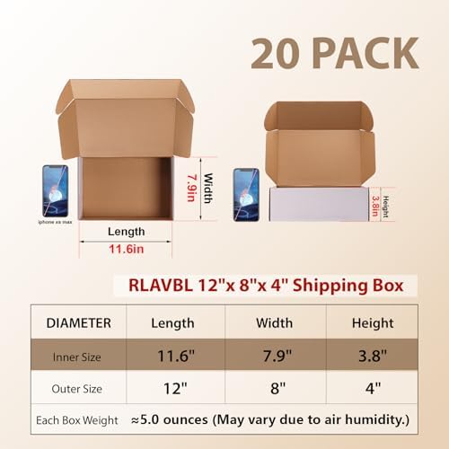 RLAVBL 12x8x4 Inches Shipping Boxes Set of 20, White Small Corrugated Cardboard Box, Mailer Boxes for Packing Small Business - Image 2