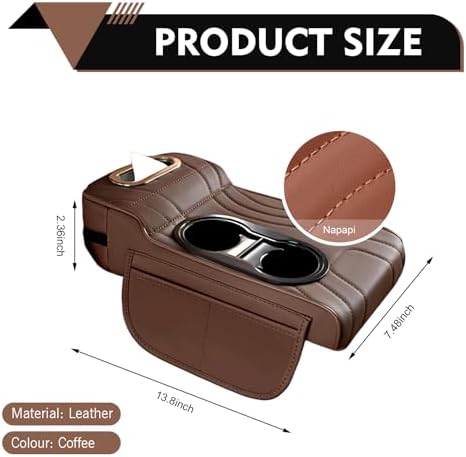 Car Armrest Box Mat, Multifunctional Soft Leather Center Console Height Enhancement Storage Armrest Decoration with Tissue Box, Cup Holder, Side Bags, Universal for Most Cars (Coffee) - Image 2